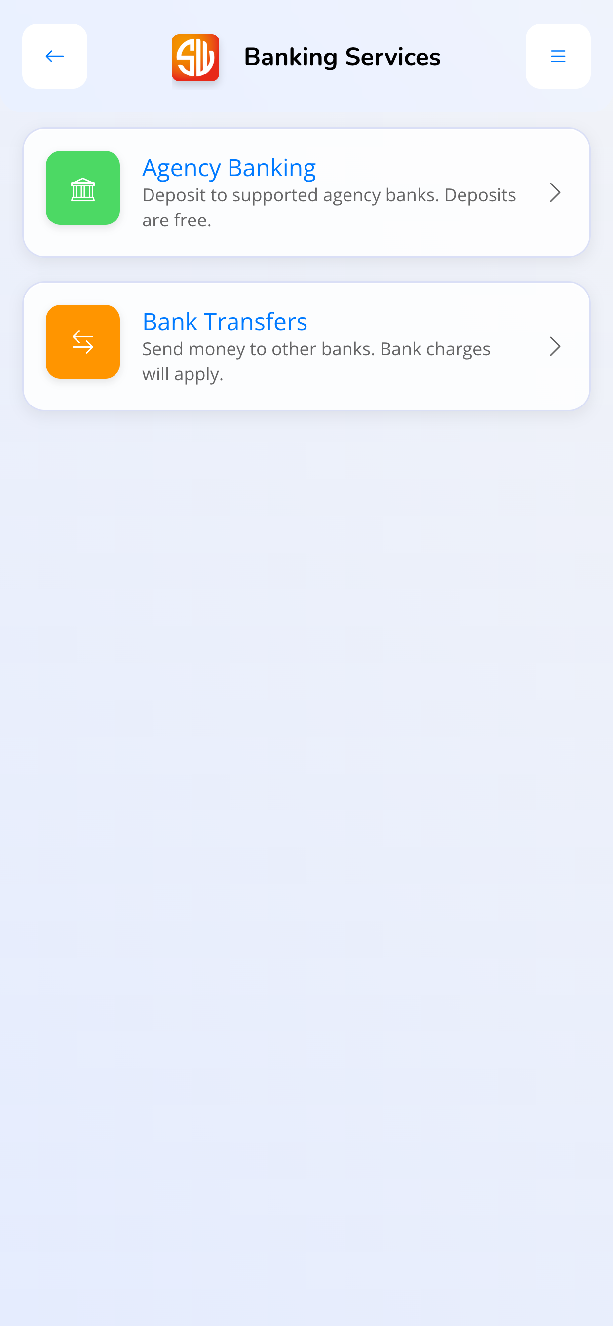SwApp banking services screen showing agency banking and bank transfers