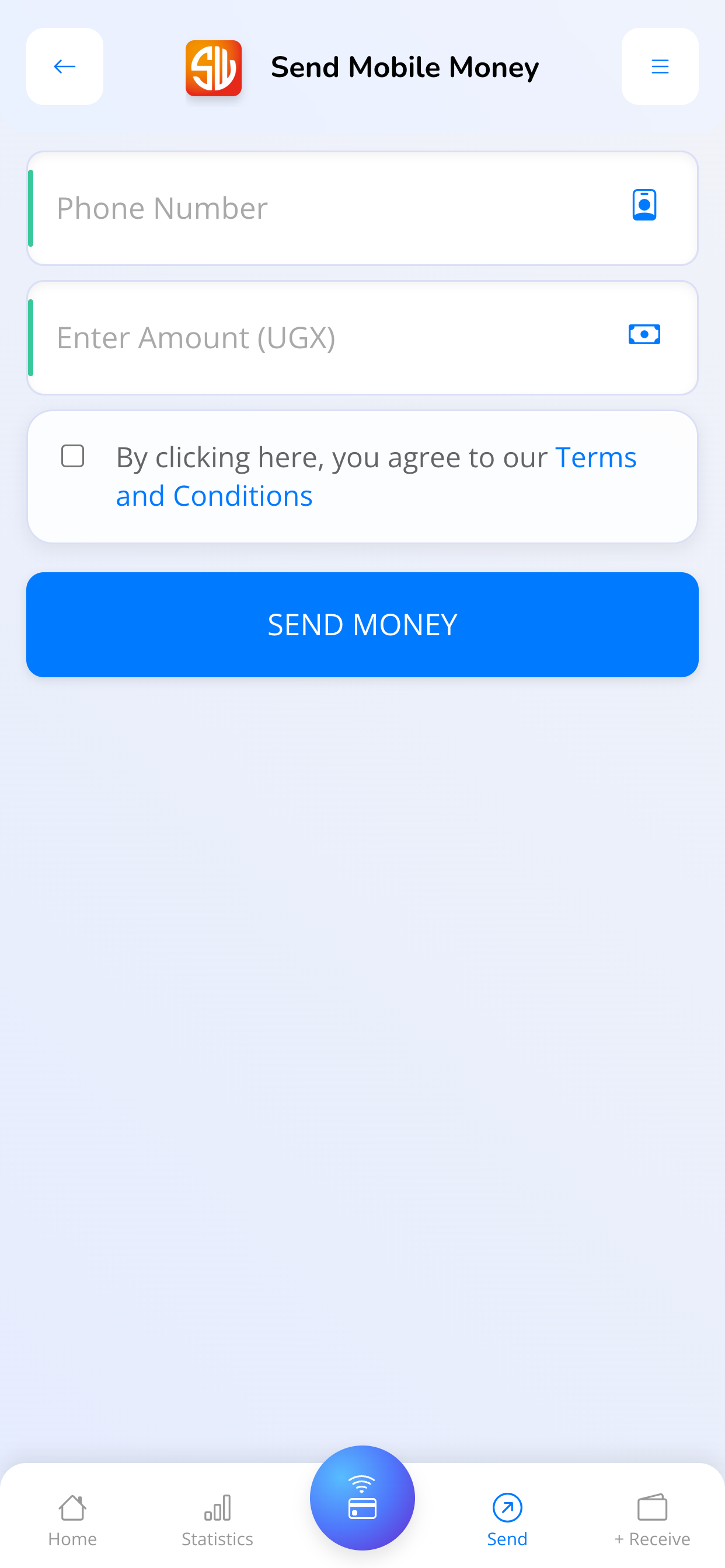 SwApp payment execution screen showing phone number and amount fields