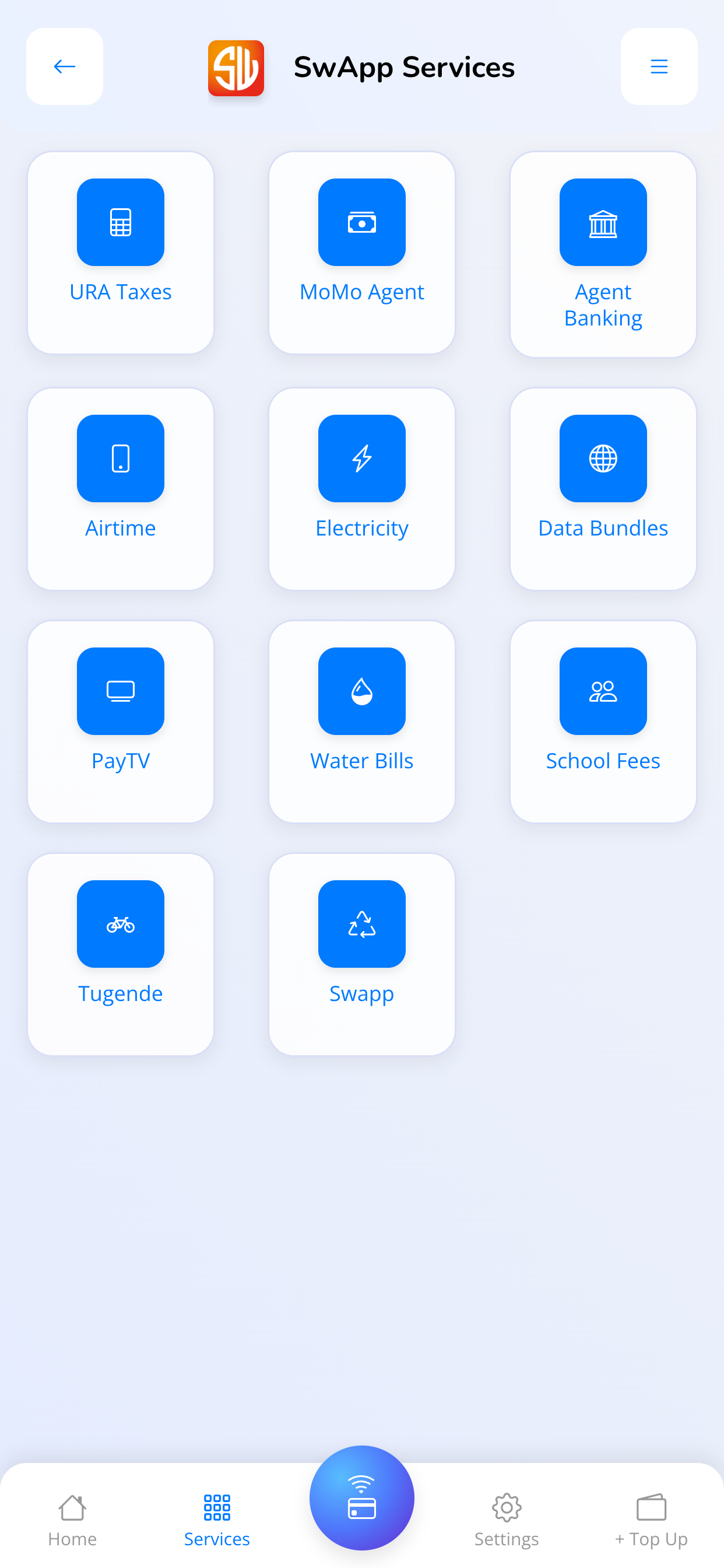SwApp services screen showing bill, utility, tax, airtime, data, and school fee services