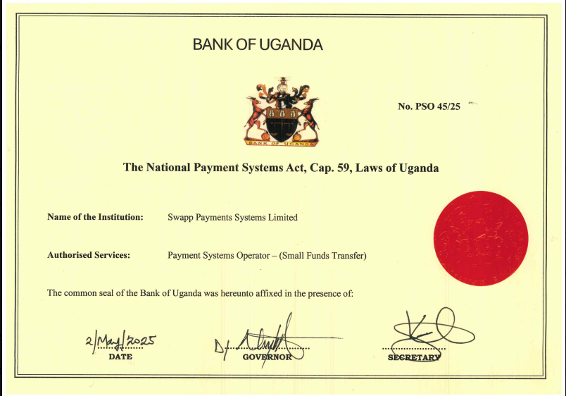 Bank of Uganda Payment Systems Operator license for SwApp Payments Systems Limited