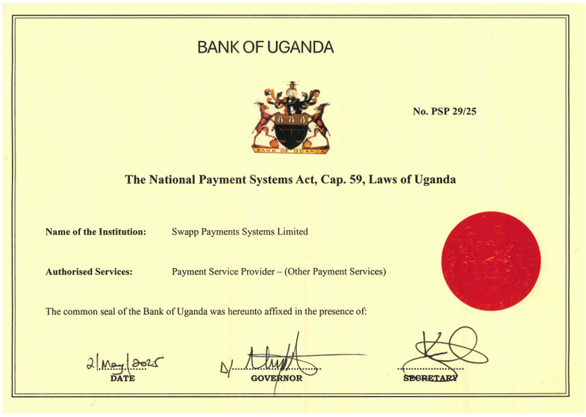 Bank of Uganda Payment Service Provider license for SwApp Payments Systems Limited